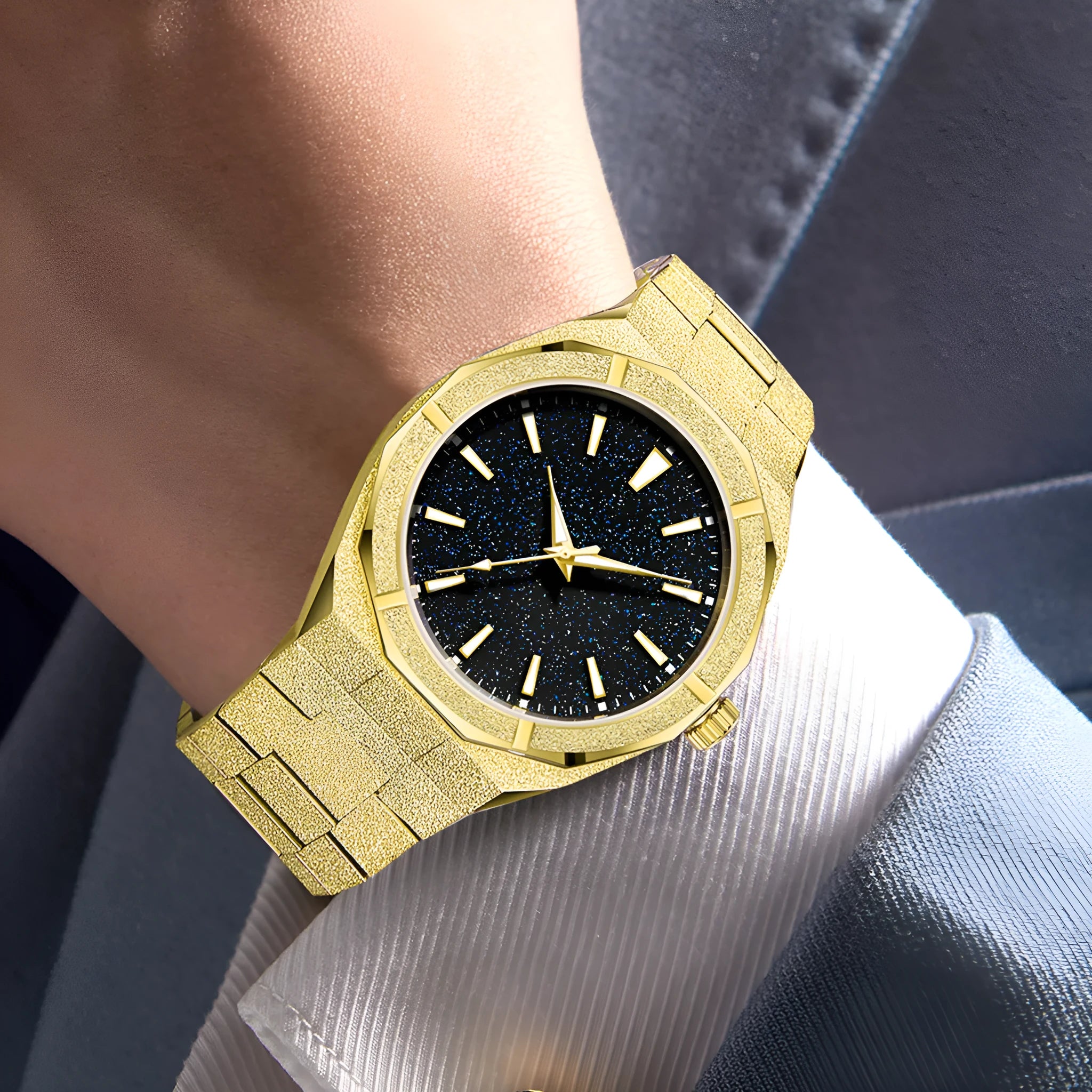 Men's frosted stainless steel business watch with luminous hands on a metal bracelet.