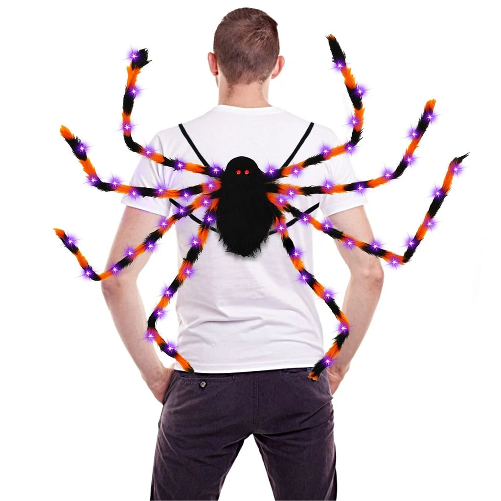 Halloween spider backpack with LED lights in plush sugar bag material showing colour options