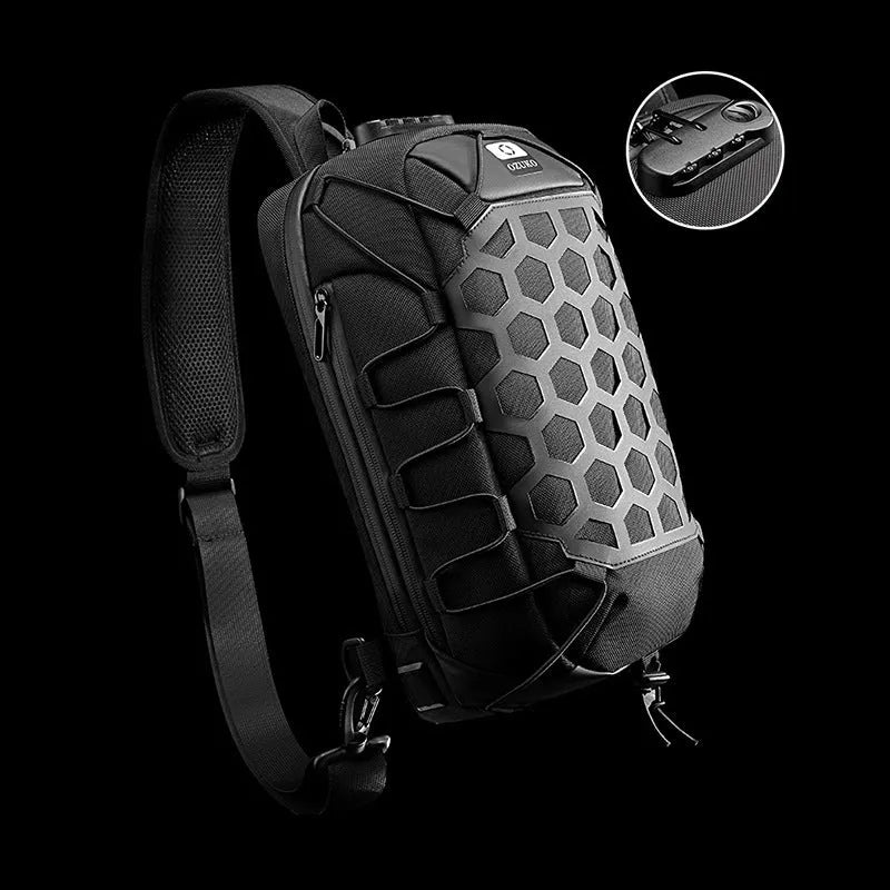 New sports chest bag in black made of Oxford cloth with zipper closure and multiple pockets, medium size 17x20x35.5cm