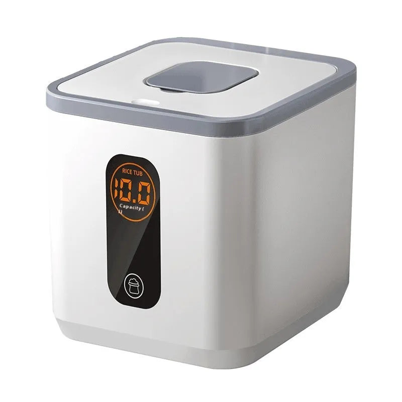 Grey plastic rice storage jar with sealed lid, shown with a free measuring cup, for 10kg 20kg or 30kg capacity.