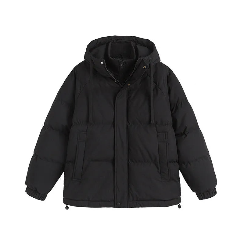 A loose-fitting, cardigan-style winter coat with a fake two-piece design and side seam pockets.