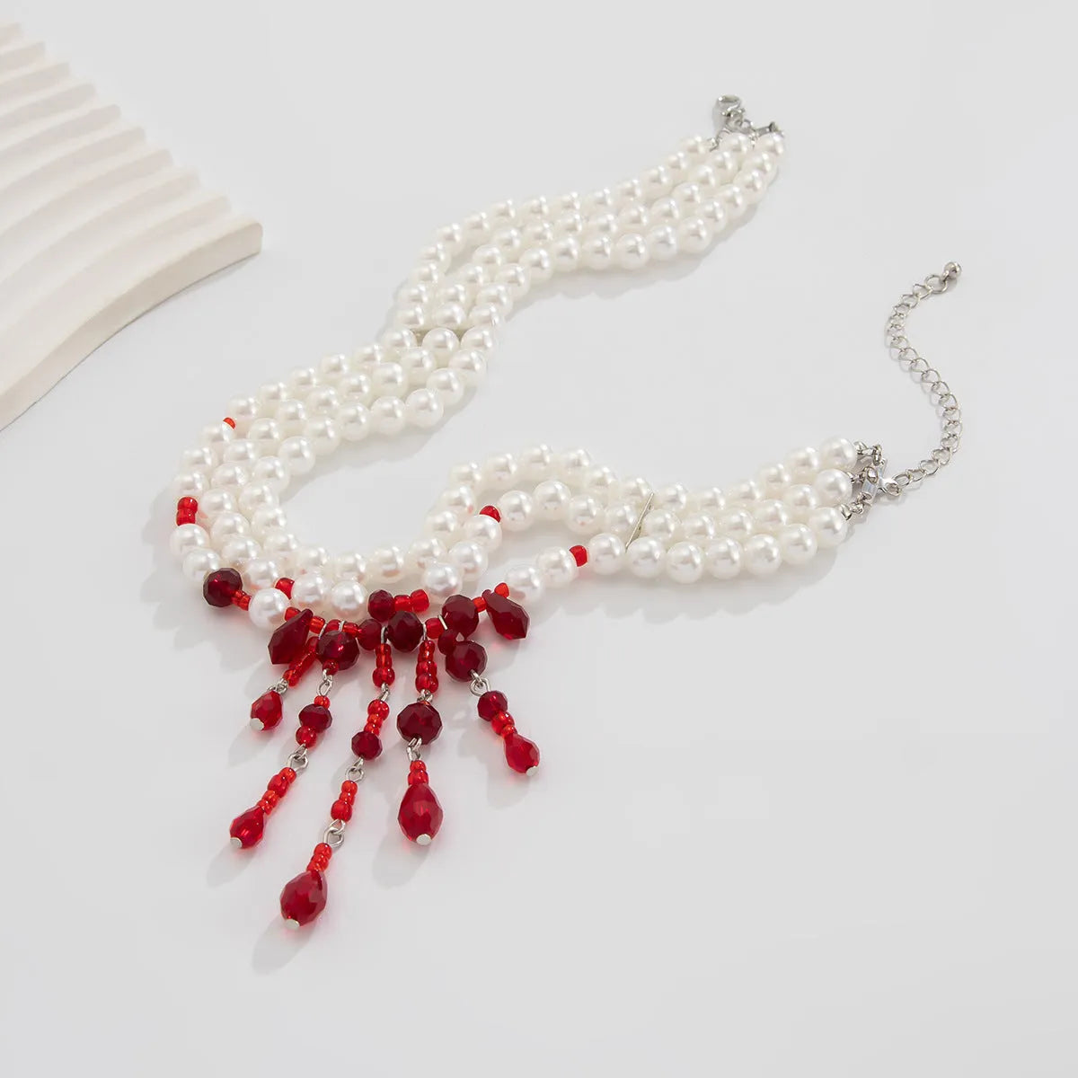 Halloween blood drop tassel pearl crystal men's necklace with geometric pendant in red and black