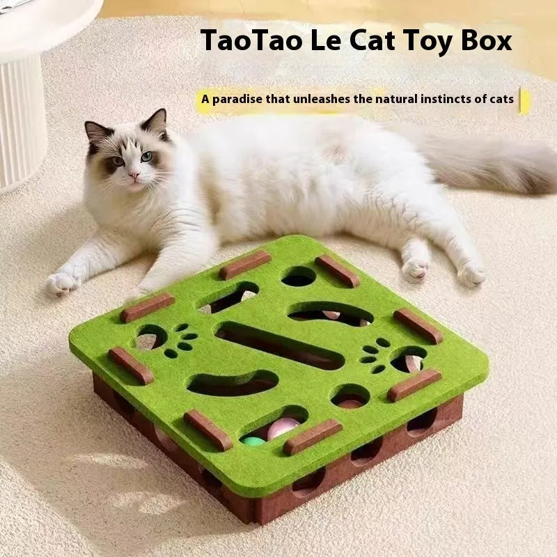 Cat toy felt box with stuffy hole, 30cm wide, in green brown