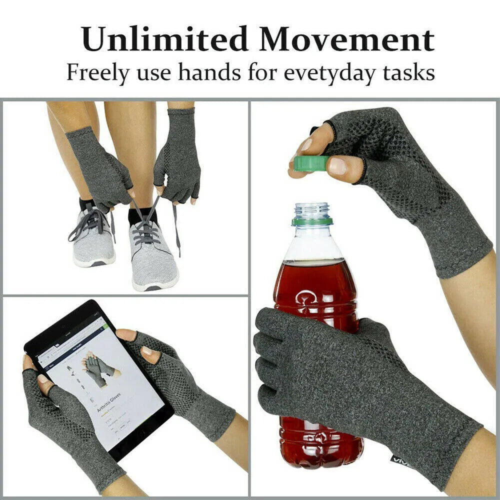 Grey half-finger compression gloves showing dispensing and standard fit options in three sizes