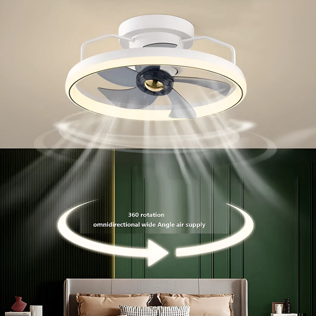 Modern white ceiling fan lamp with integrated light and five blades, shown installed on a ceiling.