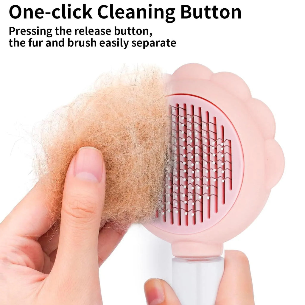 Grey green pink spray function cat grooming brush with release button and curved stainless steel pins