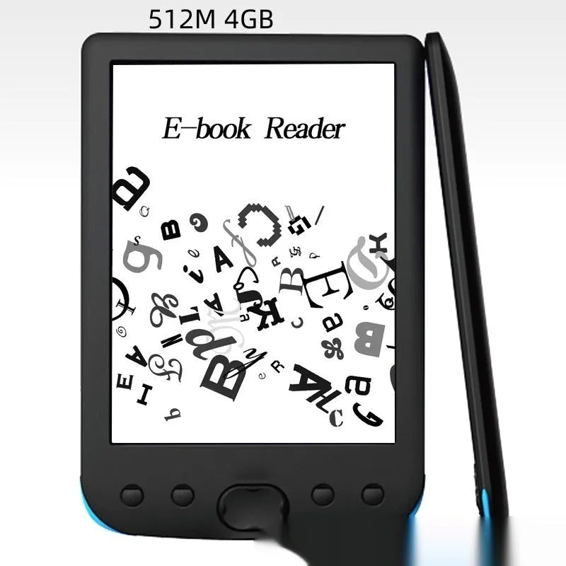 Black 6-inch E-ink e-book reader with monochrome display and configurable storage options