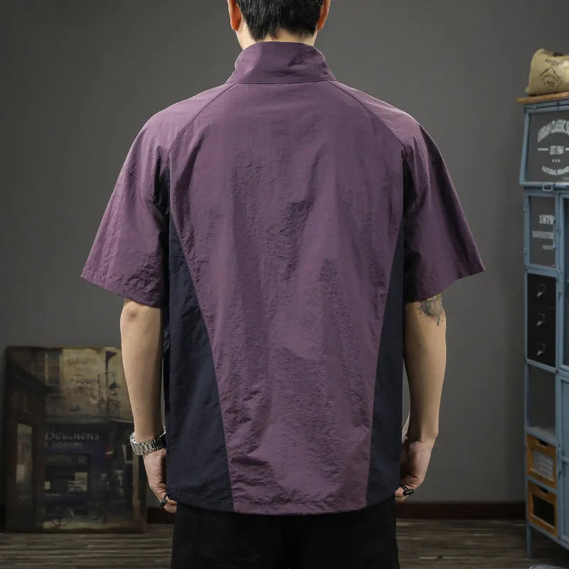 Brown men's half-zip stand collar short sleeve shirt in a loose fit
