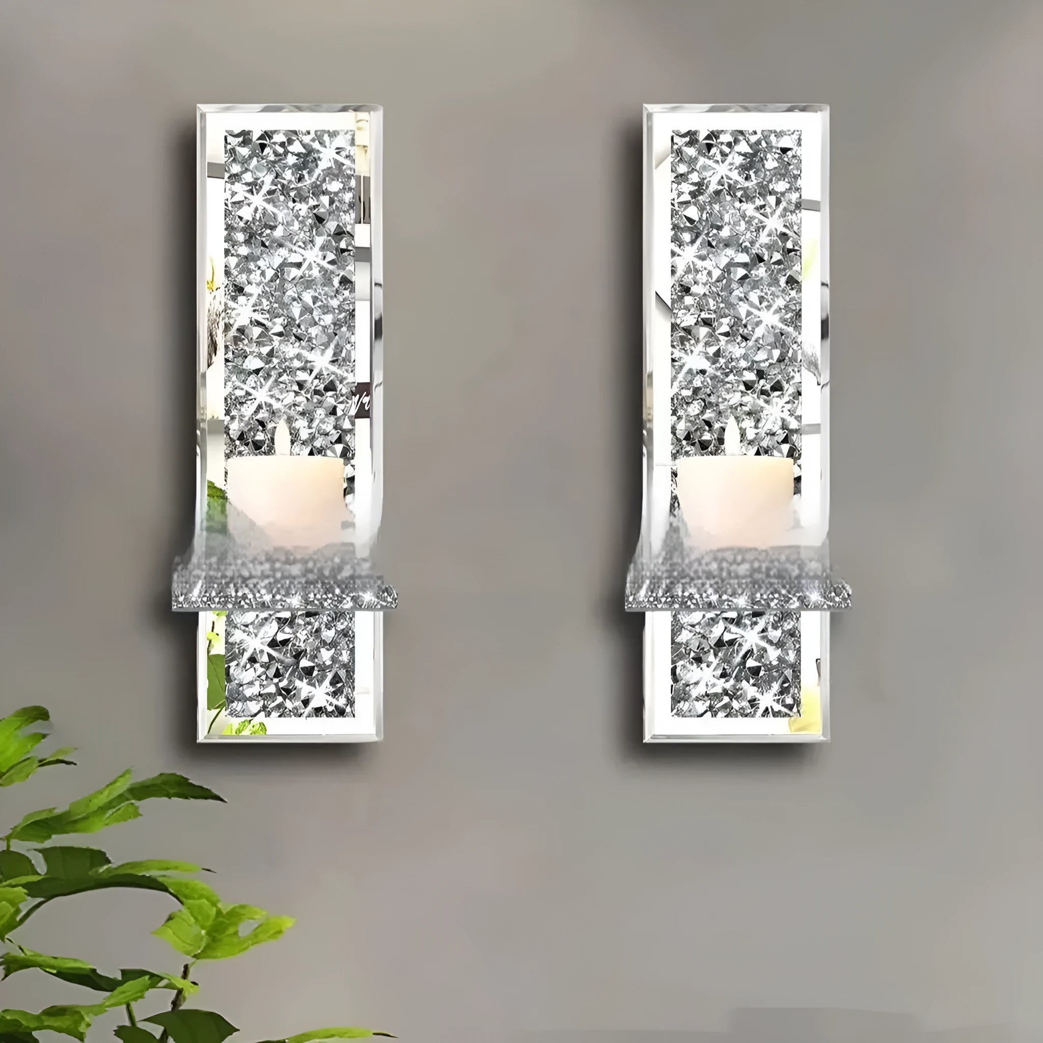 Pair of silver mirror finish glass wall candle holders with modern simple design
