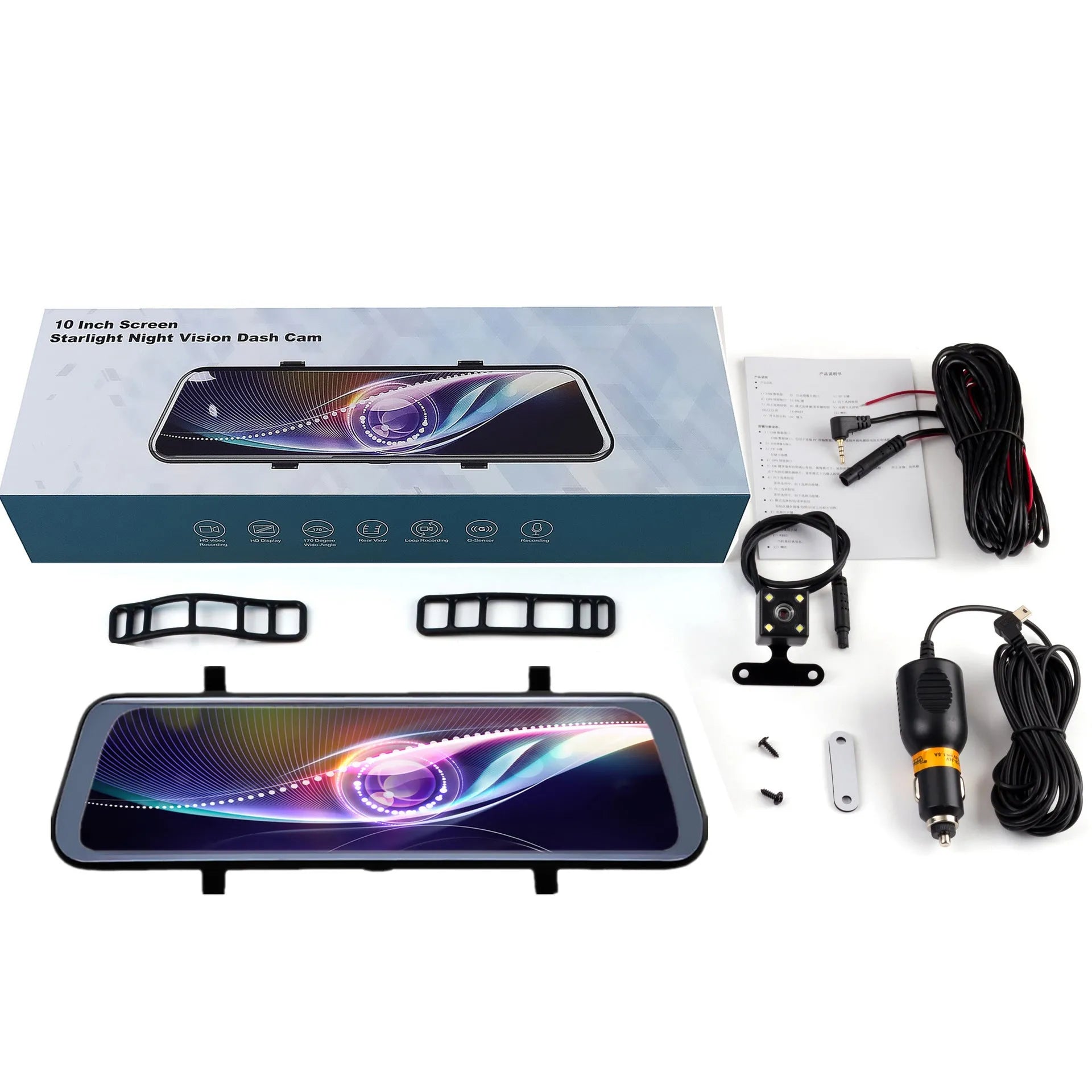 10-inch full screen touch driving recorder rearview mirror with 170 degree wide angle lens in black