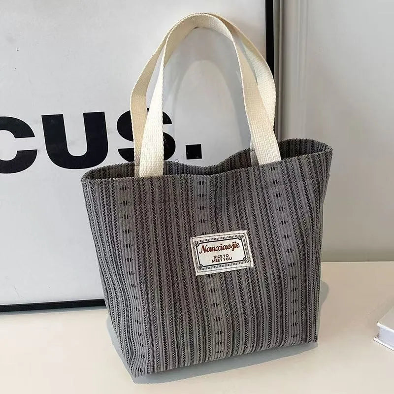 Japanese style corduroy handbag with adjustable strap in ivory white, grey, or dark brown colour