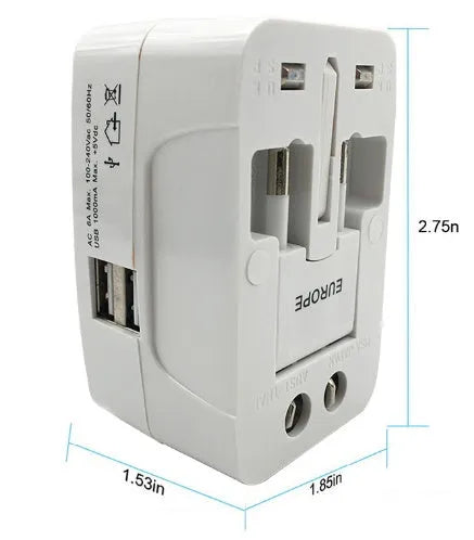 Compact universal travel plug adapter for mobile phones, dimensions 73mm by 50mm by 39mm.