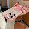 Transparent glitter iPhone case showing gradient pink and silver sparkle effect on TPU rubber