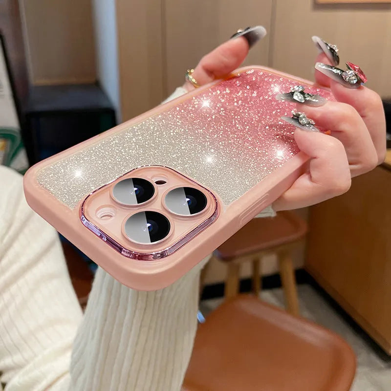 Transparent glitter iPhone case showing gradient pink and silver sparkle effect on TPU rubber