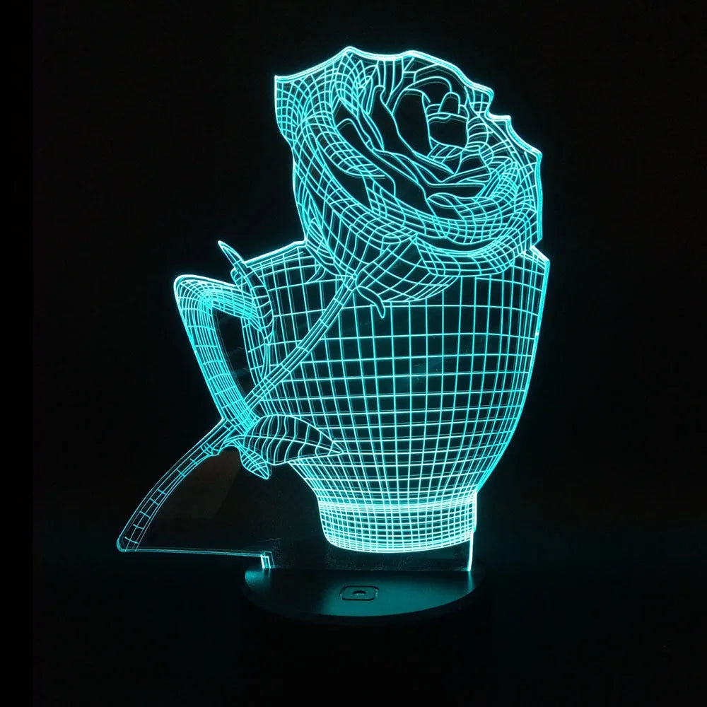 3D rose design acrylic LED night light with remote control on a black ABS base