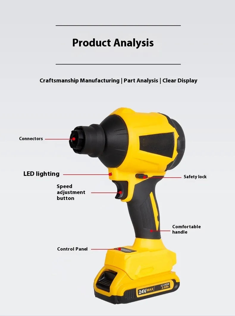 Yellow handheld 18V lithium battery dust gun with 680W motor for blowing suction and inflating tasks