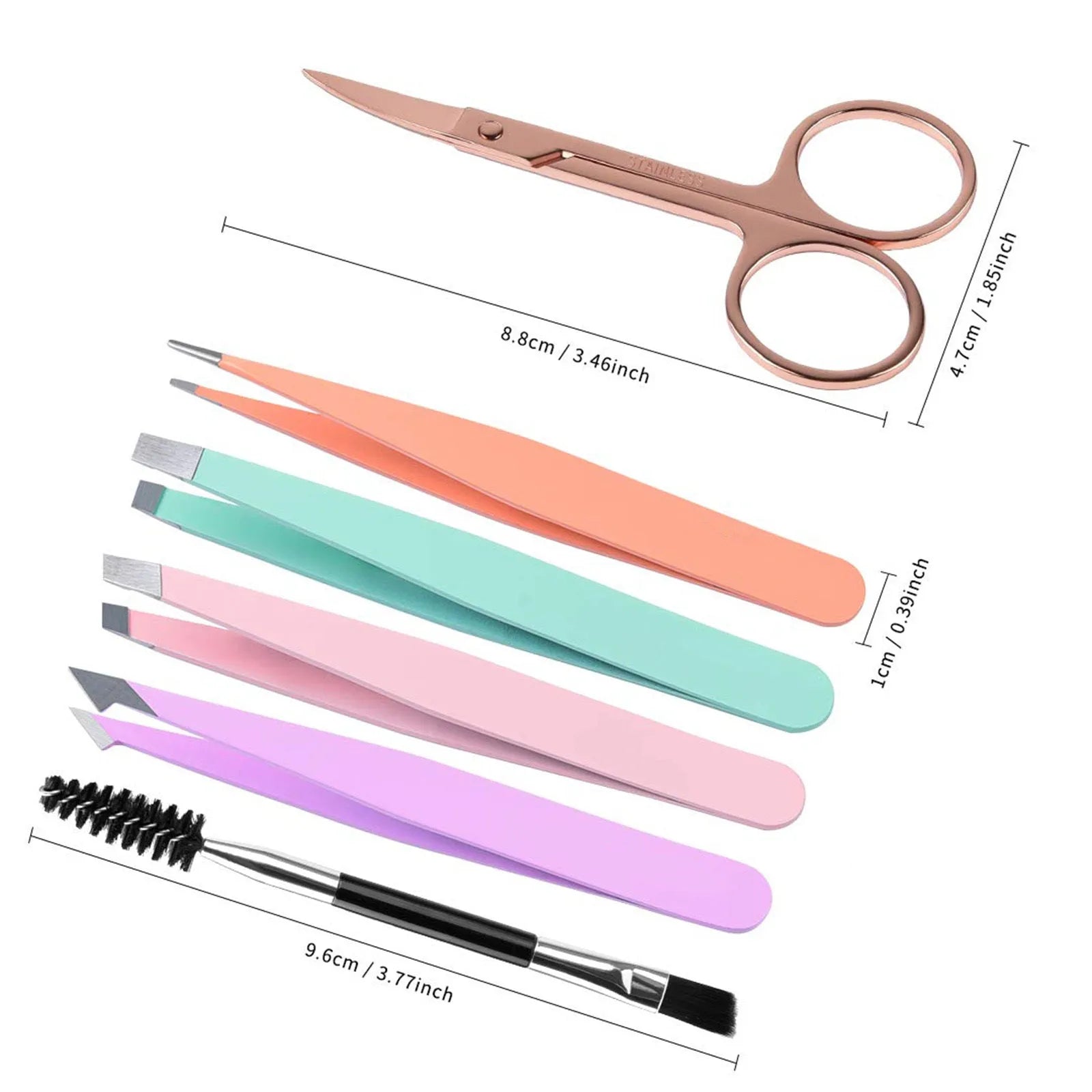 Professional six-piece eyebrow tweezer set with stainless steel tools and leather travel case