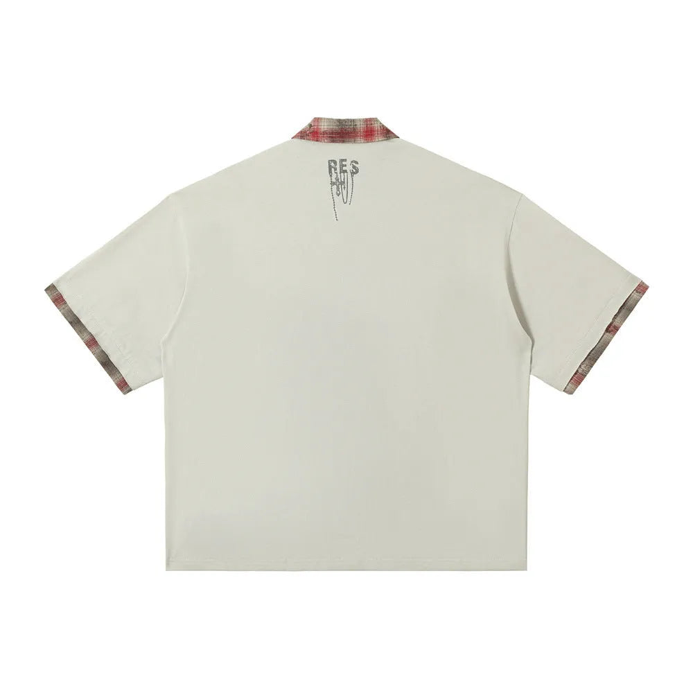 Men's graffiti print cotton short-sleeved top with asymmetric lapel in loose street style fit