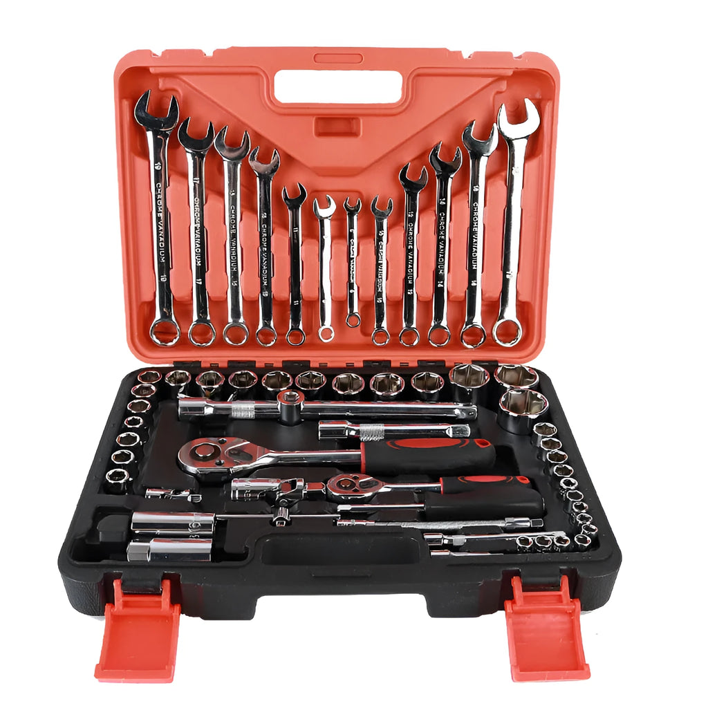 61-piece auto repair socket set with chrome vanadium steel tools including ratchets, combination wrenches, and metric sockets