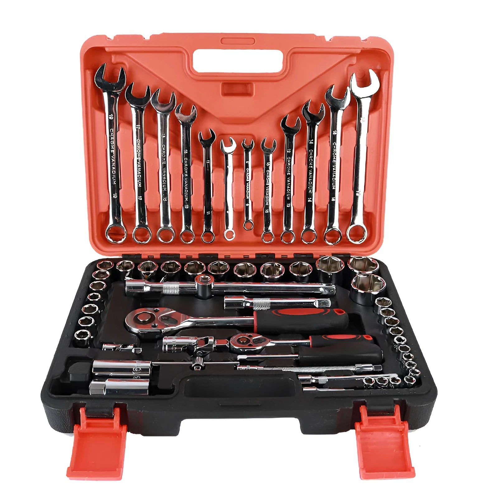 61-piece auto repair socket set with chrome vanadium steel tools including ratchets, combination wrenches, and metric sockets