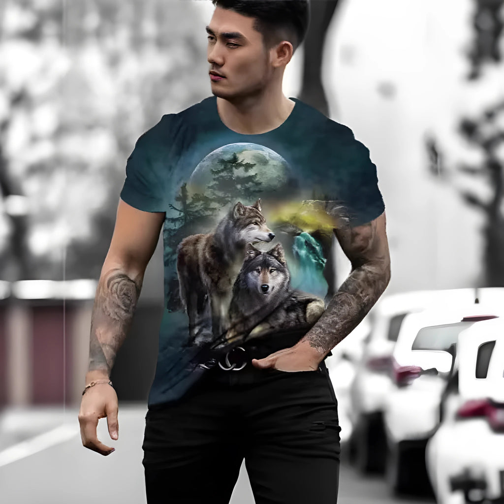 Retro 3D animal print on a men's short-sleeved grey t-shirt made of thin polyester fabric.