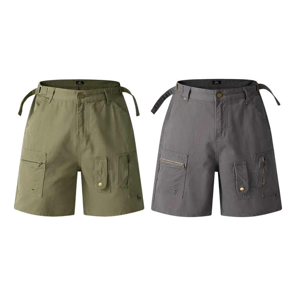 Retro workwear shorts in washed cotton cloth with loose fit and zipper waist in multiple colours