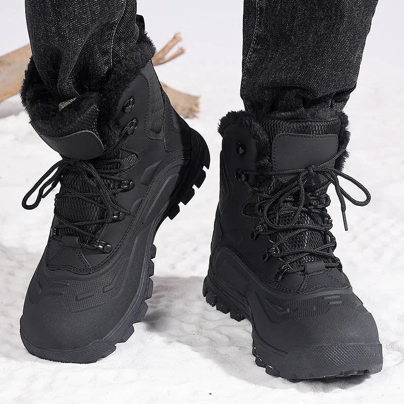 Men's black fleece-lined high-top lace-up boots with a ribbed sole.