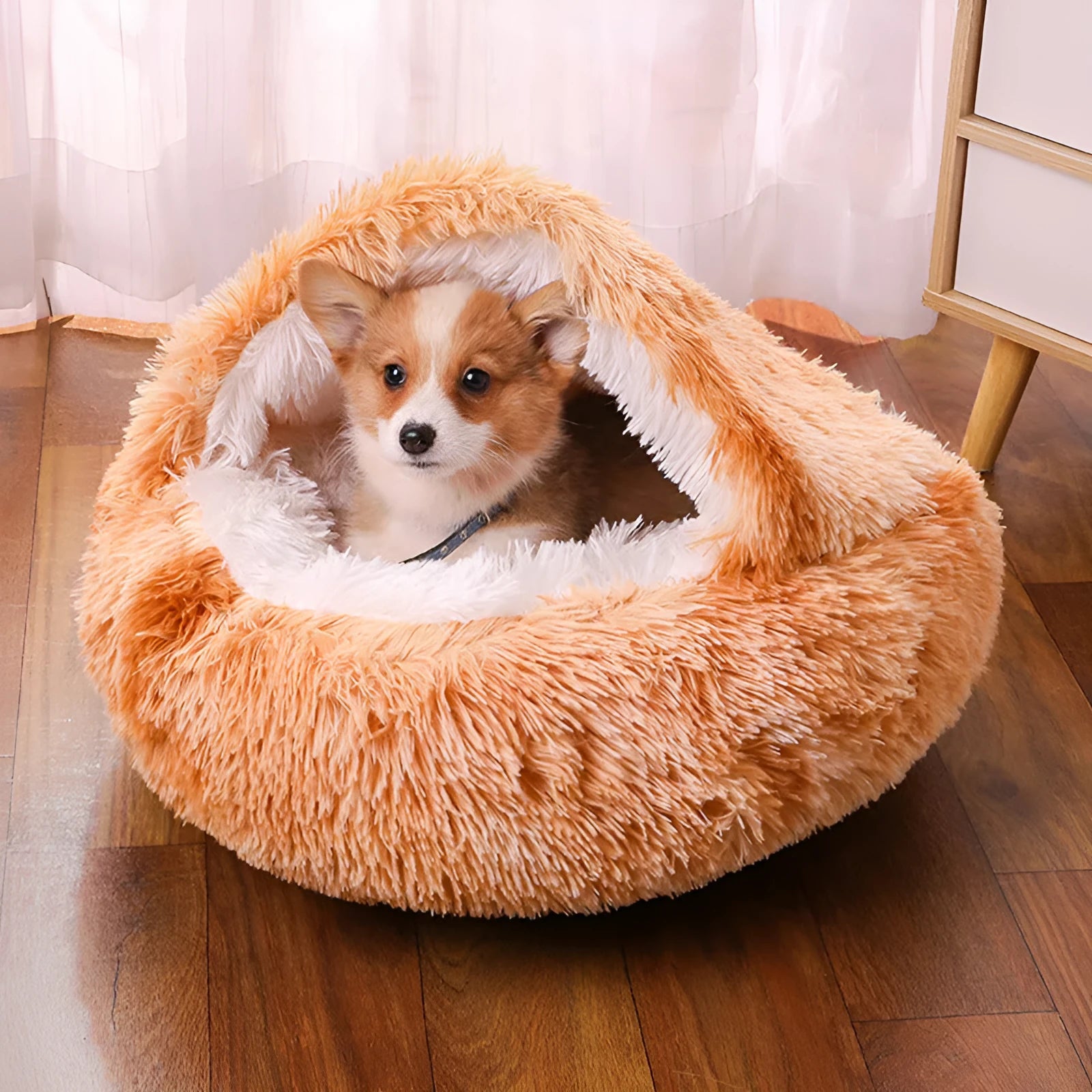 Waterproof semi-surrounded cloth dog kennel in champagne colour showing den-like structure