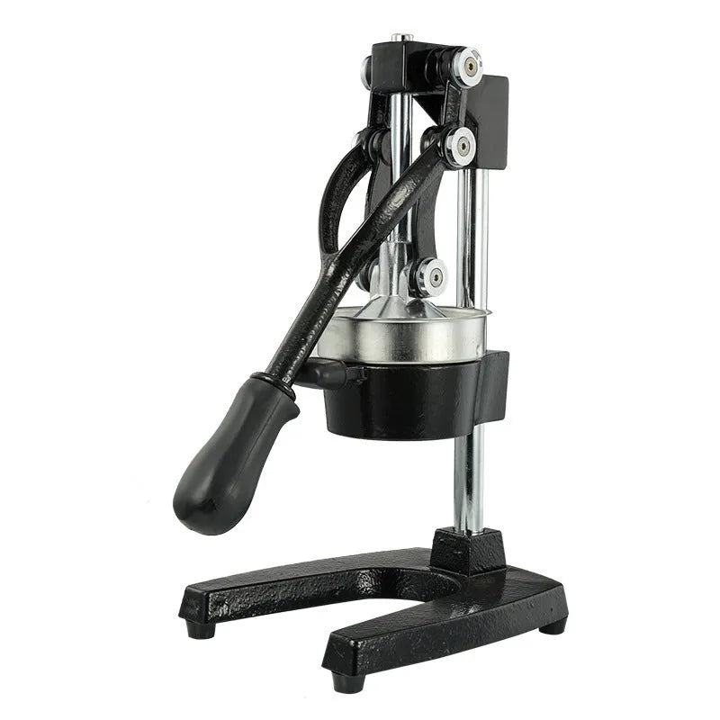 Cast iron manual citrus juicer with stainless steel funnel showing black finish