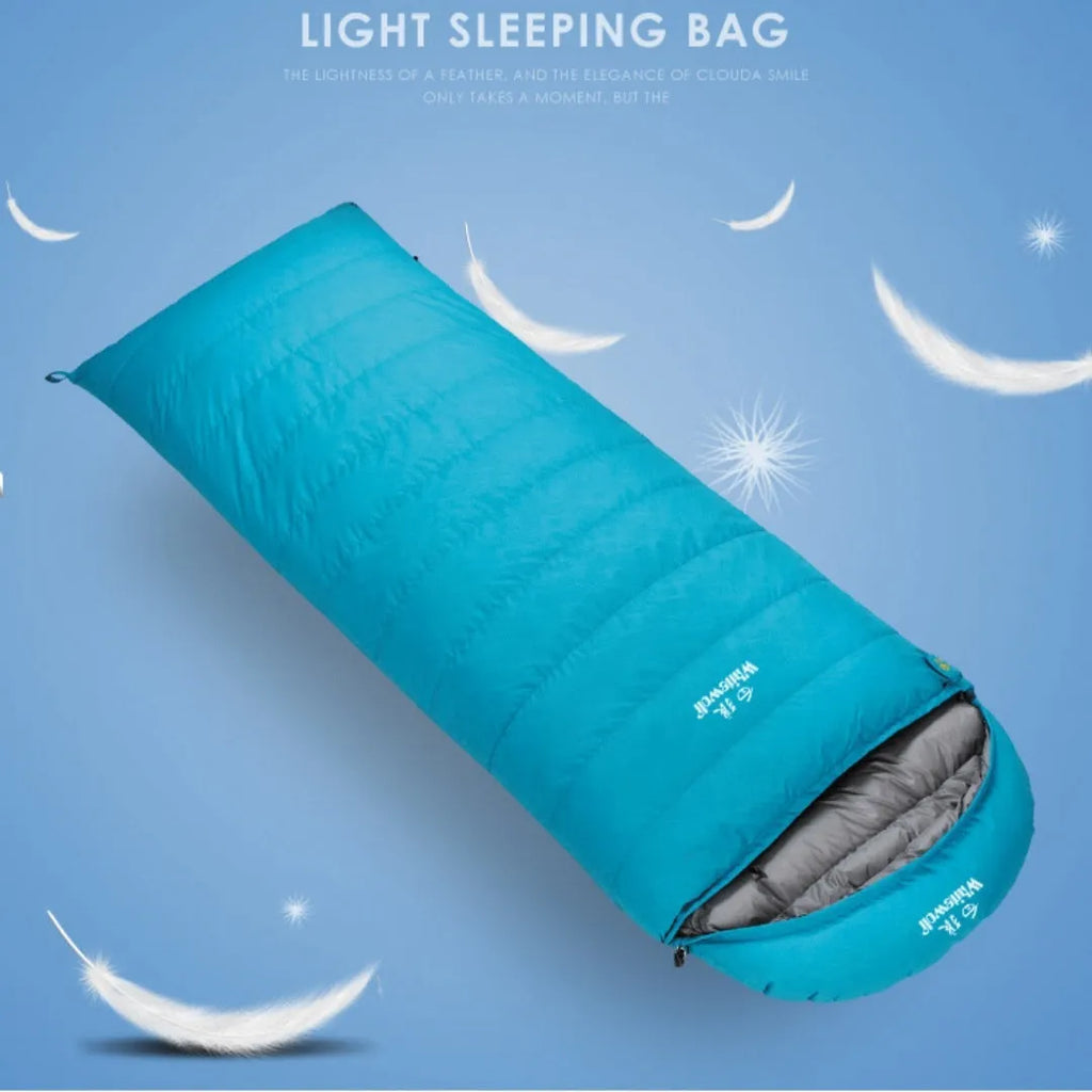 Black adult outdoor sleeping bag with white goose down filler and envelope design.