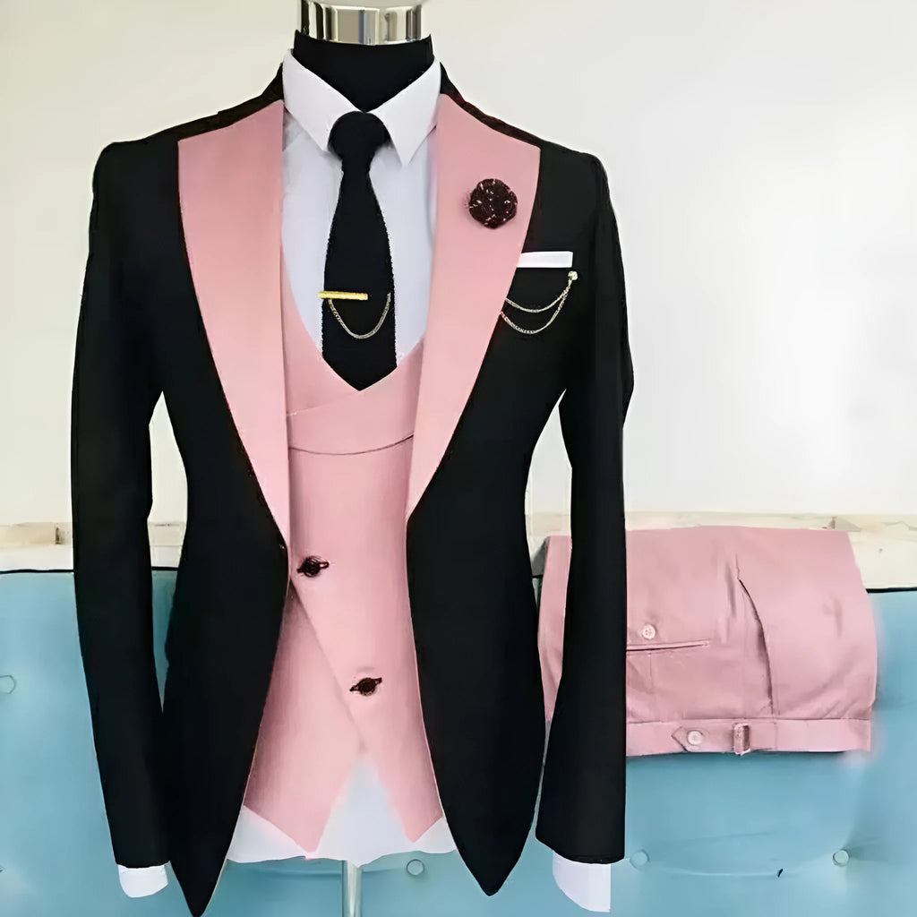 Men's slim fit three-piece cotton suit in black for a wedding or business occasion.