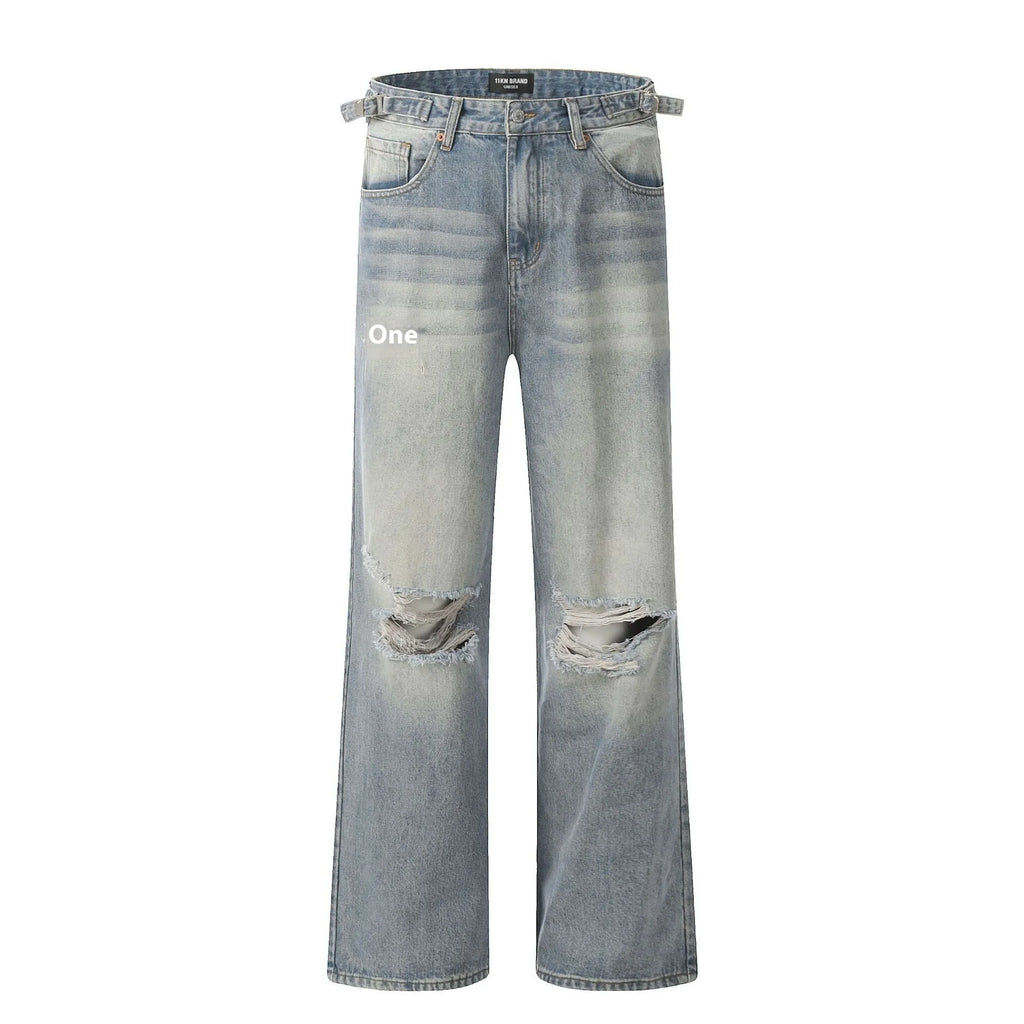 Blue men's retro straight-leg jeans with ripped details and a zipper fly.
