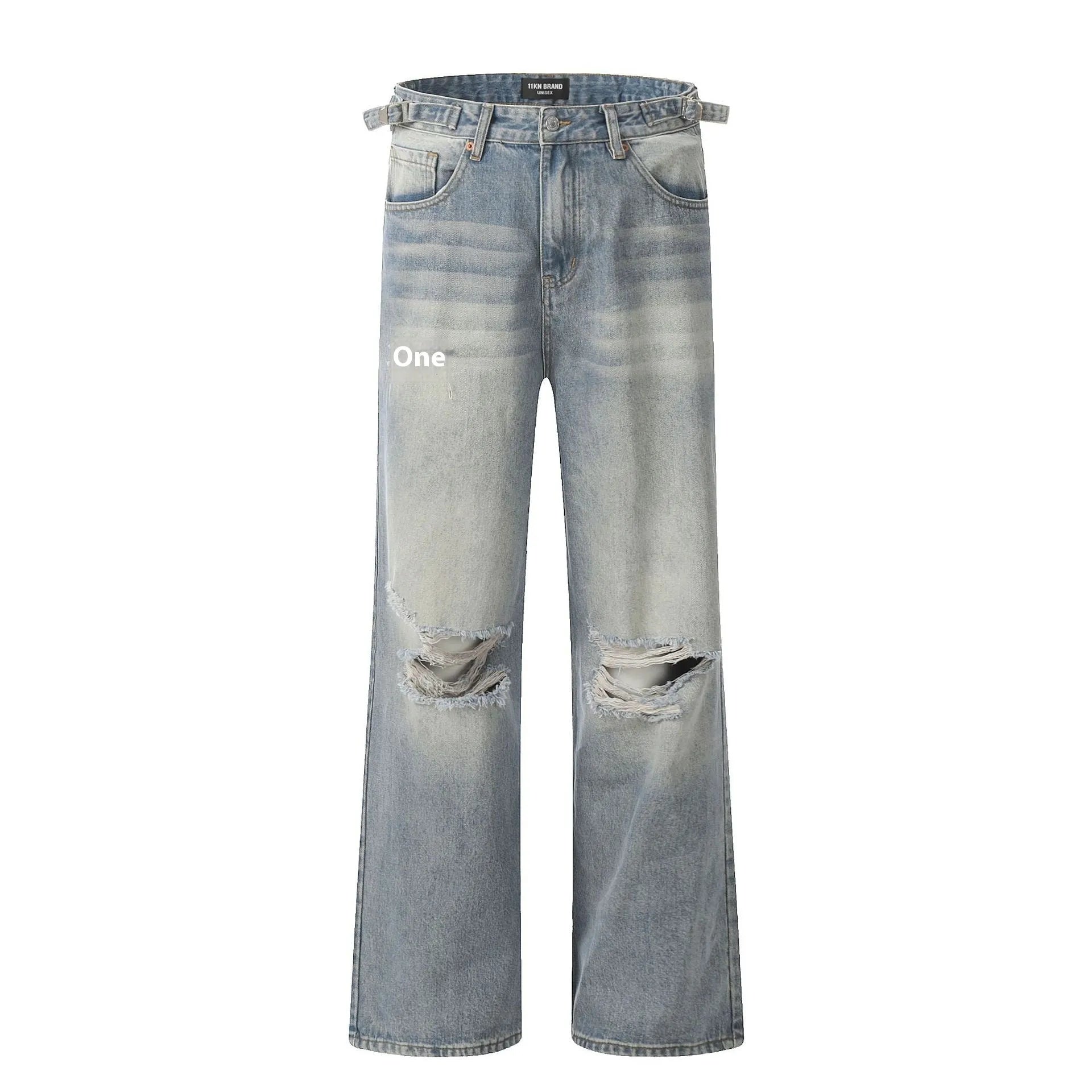 Blue men's retro straight-leg jeans with ripped details and a zipper fly.