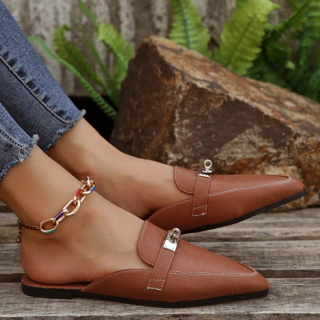 Light brown women's pointed-toe low heel casual semi-slippers on a neutral background