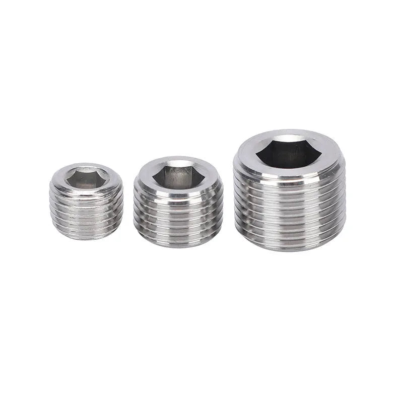 A single stainless steel hexagon pipe plug with a 3/8 series thread for bulkhead fittings.