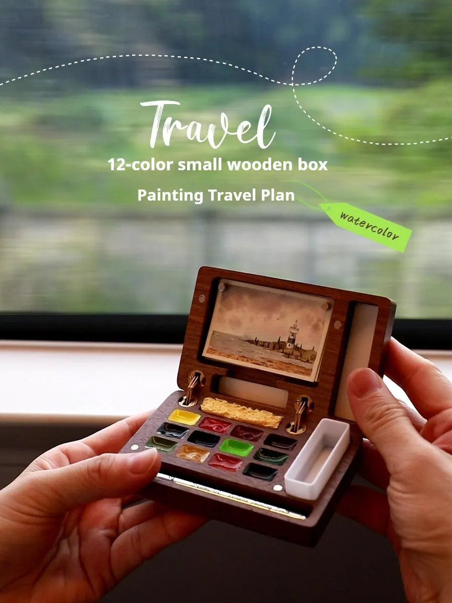 Mini wooden watercolour paint box with professional pigment suits in pocket-sized portable format