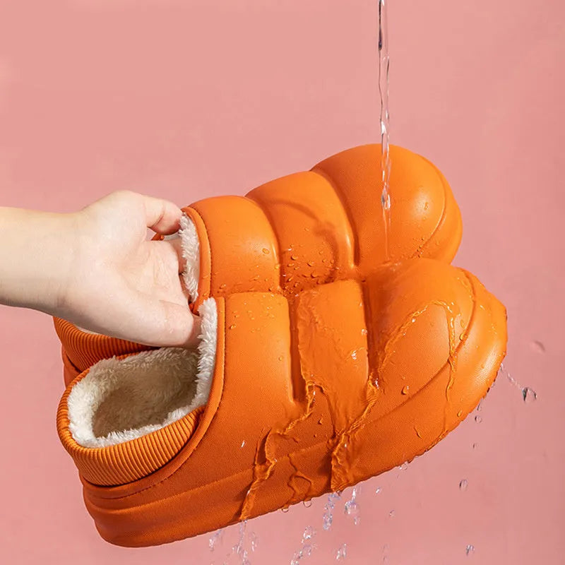 Waterproof couple cotton slippers with EVA sole in yellow, green, black, grey, pink, or orange colours