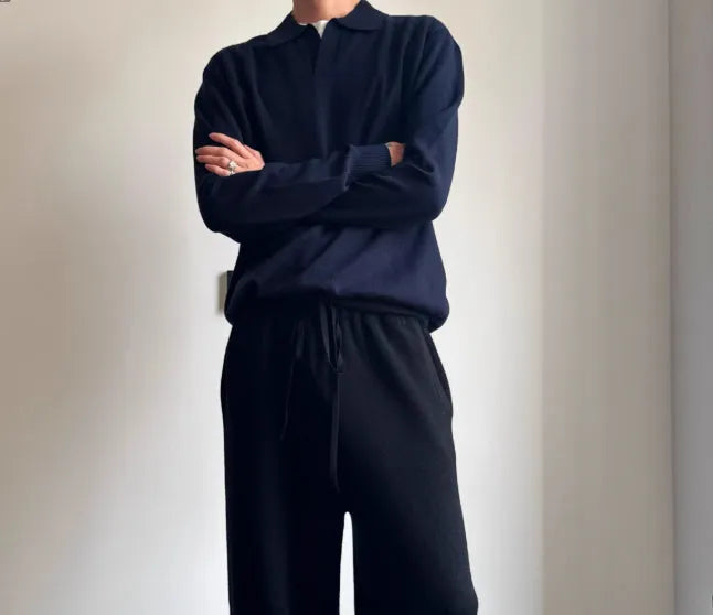 Men's pure wool polo sweater with lapel collar in loose fit, available in navy blue and milky white