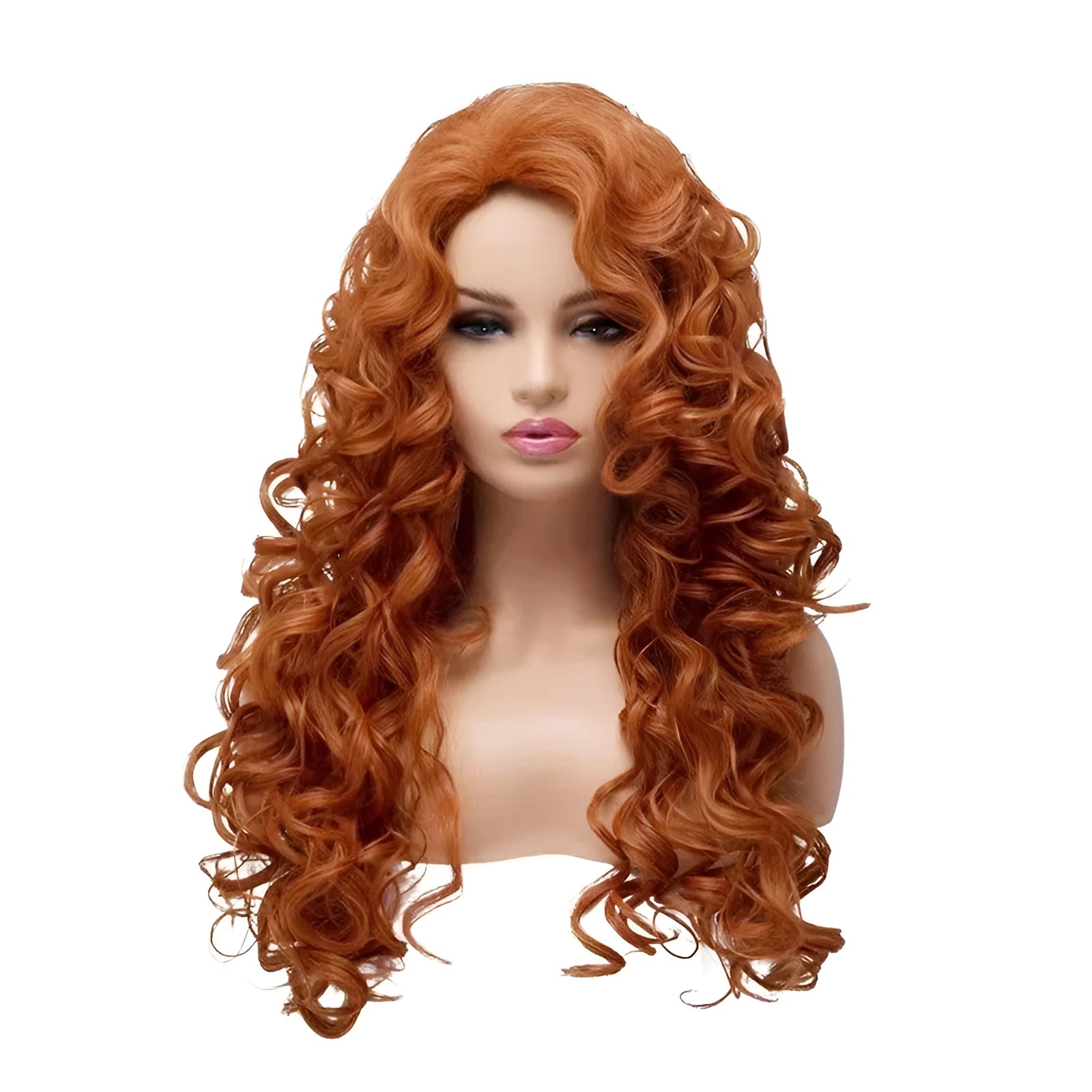 Brown long wavy curly synthetic wig with fluffy texture on a wig head.