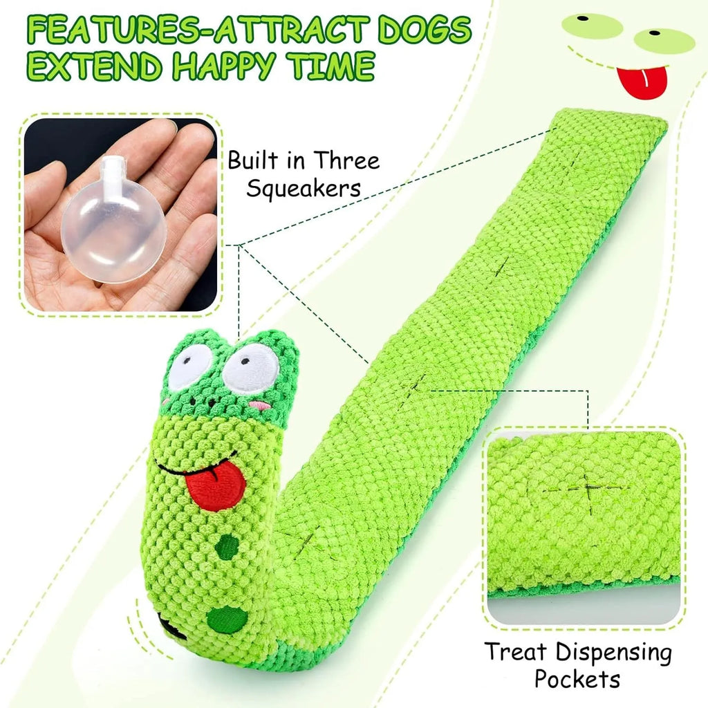Squeak dog puzzle toy in frog, snail, or snake design with foraging holes