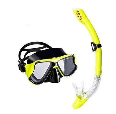 Set of black diving goggles with a PC frame, transparent glass lens, silicone mouthpiece, and adjustable strap