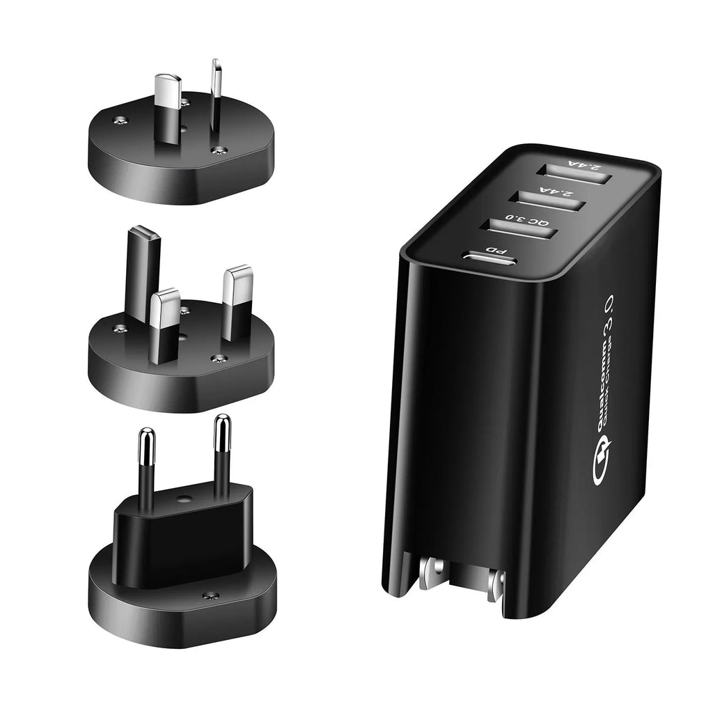 Black 48W USB-C wall charger with four ports and a UK plug on a white background.