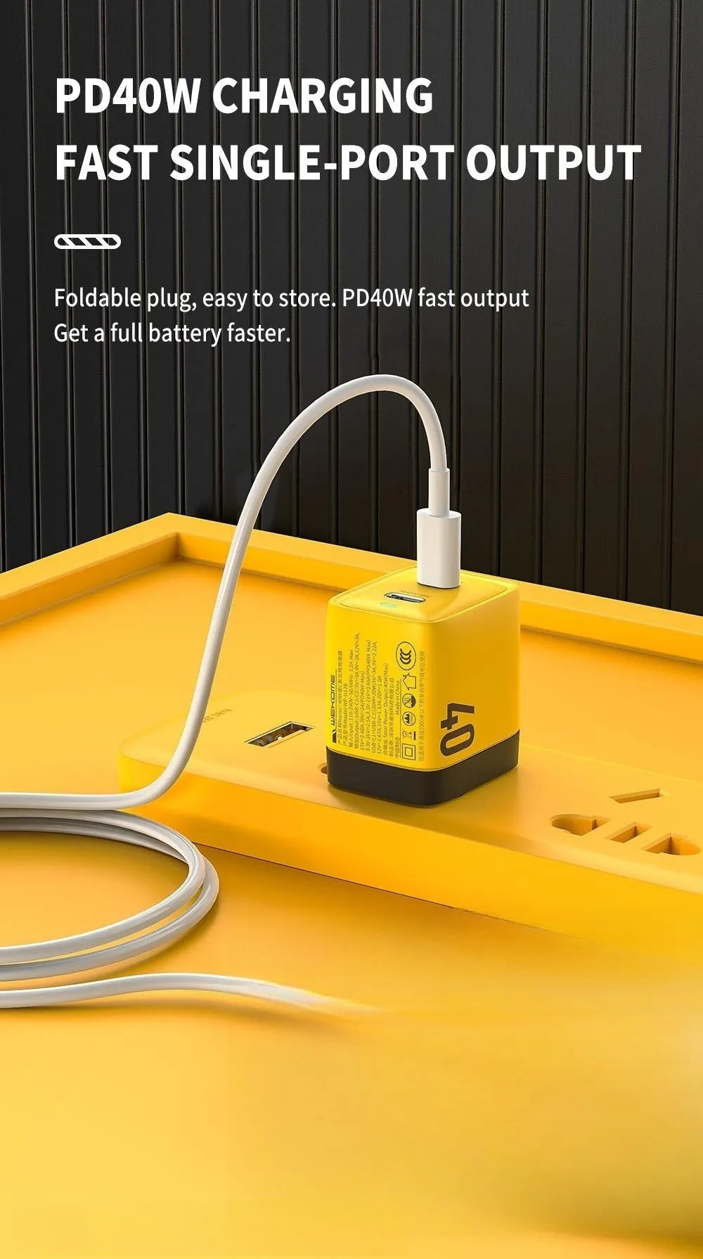 Gallium Nitride 40W mobile phone charging plug for Apple iPhone 14 in yellow with Type-C interface