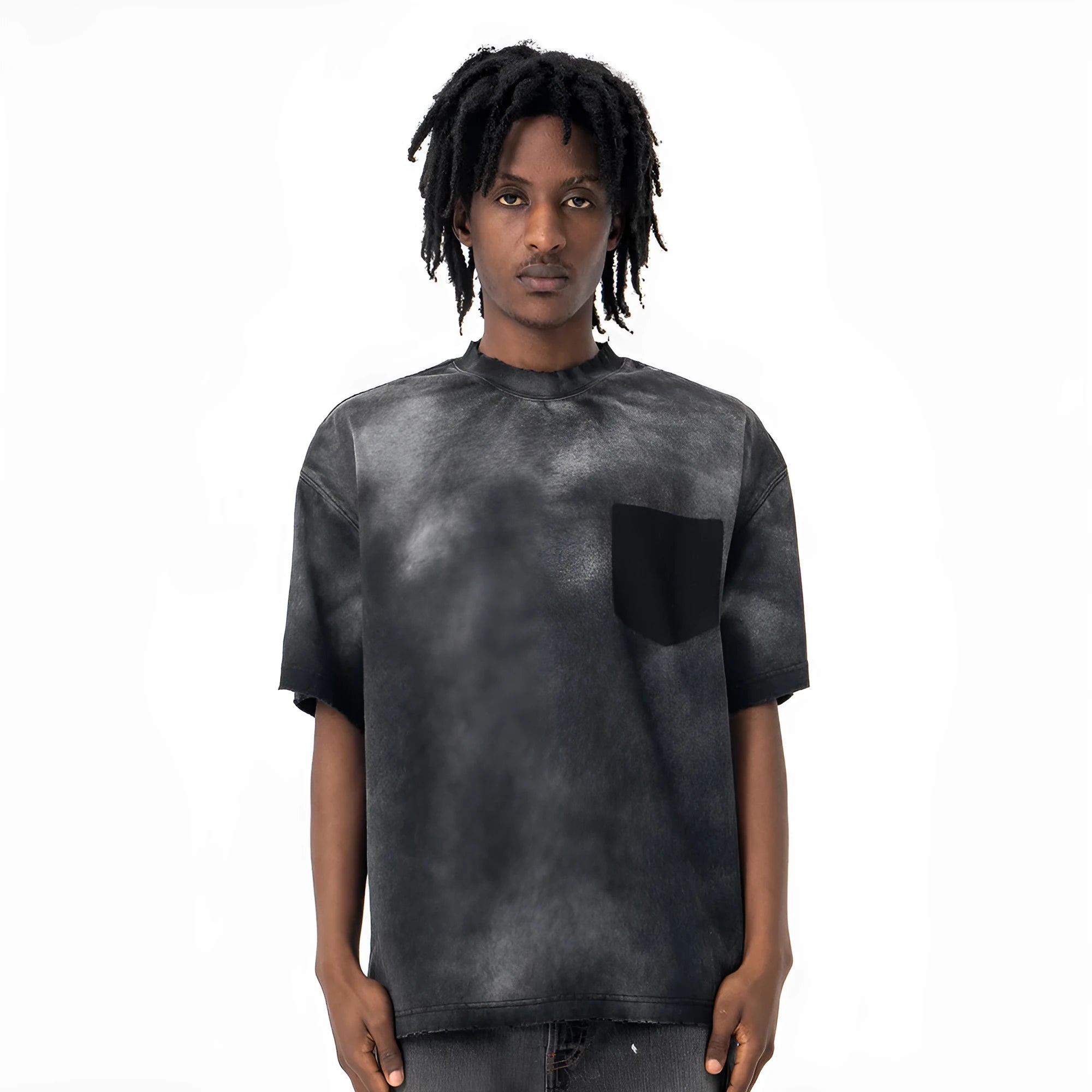 Black men's loose fit cotton t-shirt with printed white letter design and drop-shoulder sleeves.