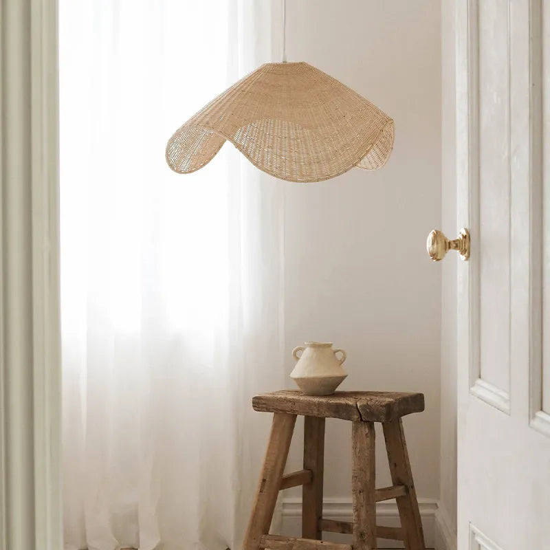 Handmade bamboo rattan chandelier with LED light source, natural straw rattan and willow shade, warm light, 60cm diameter