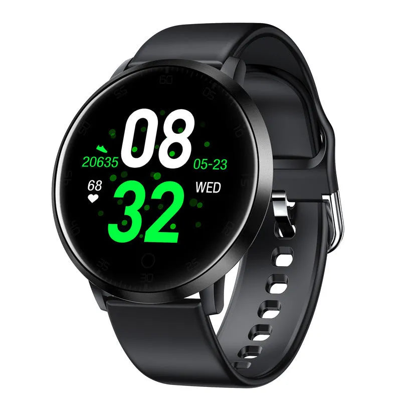 Ultra-thin smart health bracelet with a 1.3-inch screen and silicone strap in black, gold, or silver.