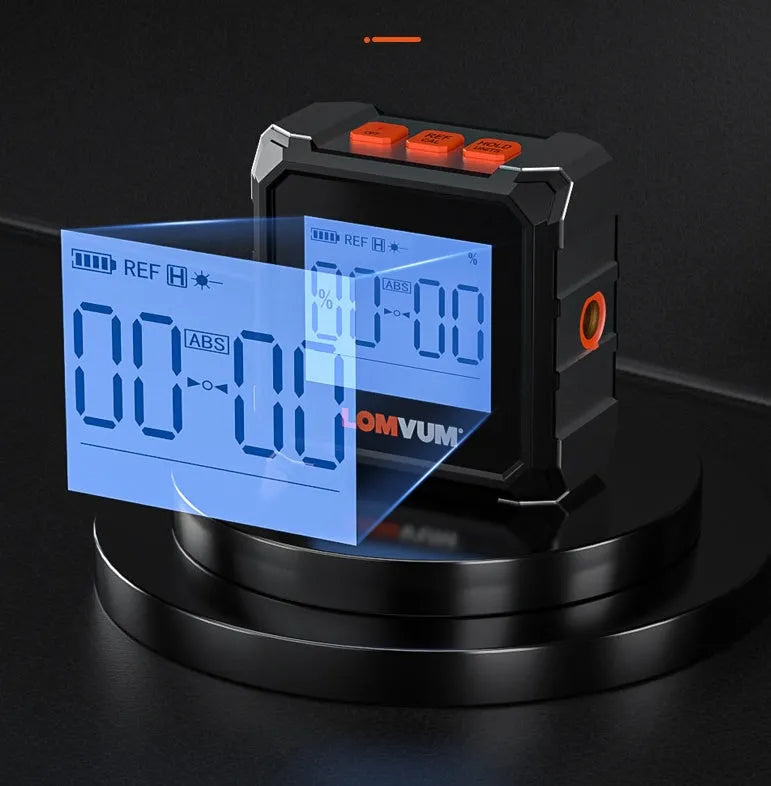 Digital laser infrared inclinometer with alloy casing and backlit display for woodworking and engineering.