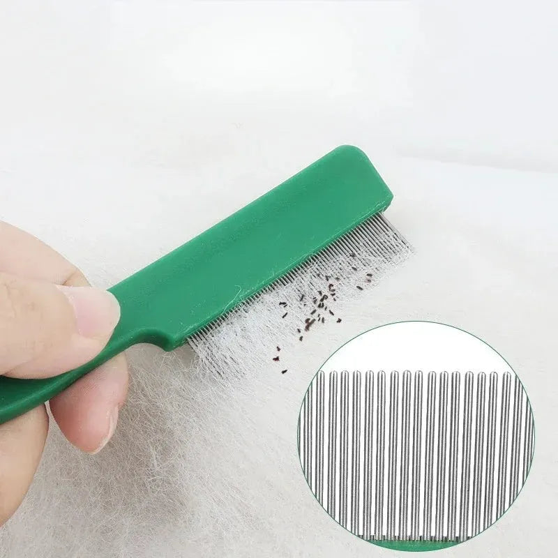 Green plastic handle stainless steel pet flea comb for dogs and cats on white background