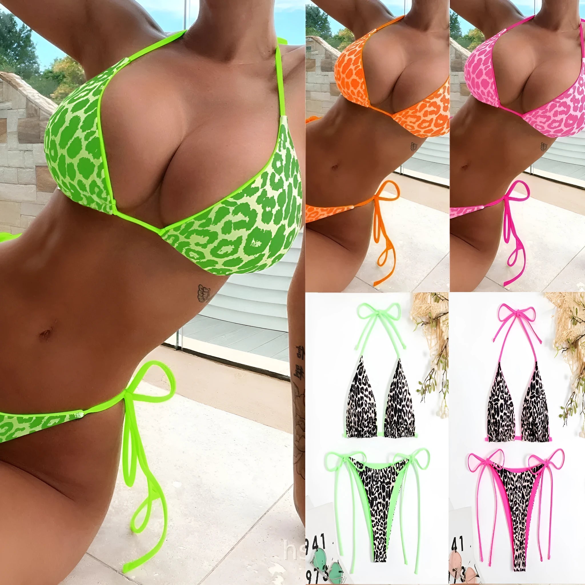 Women's lace-up triangle bikini top with matching split-style bottoms in a solid colour.