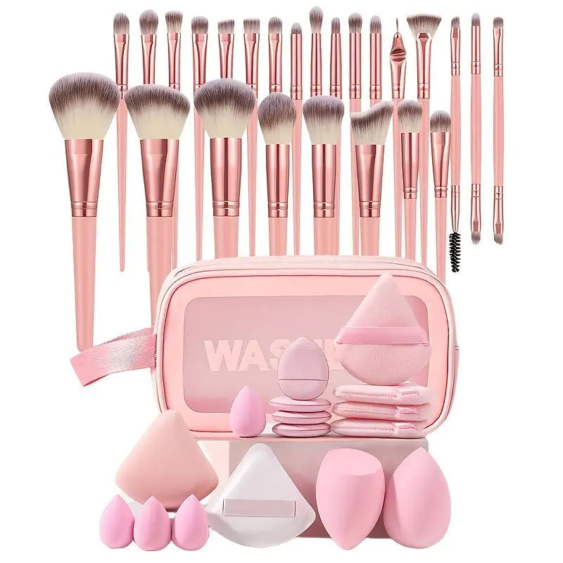 40pcs makeup brush set in brown, pink, and purple with hydrophilic non-latex bristles